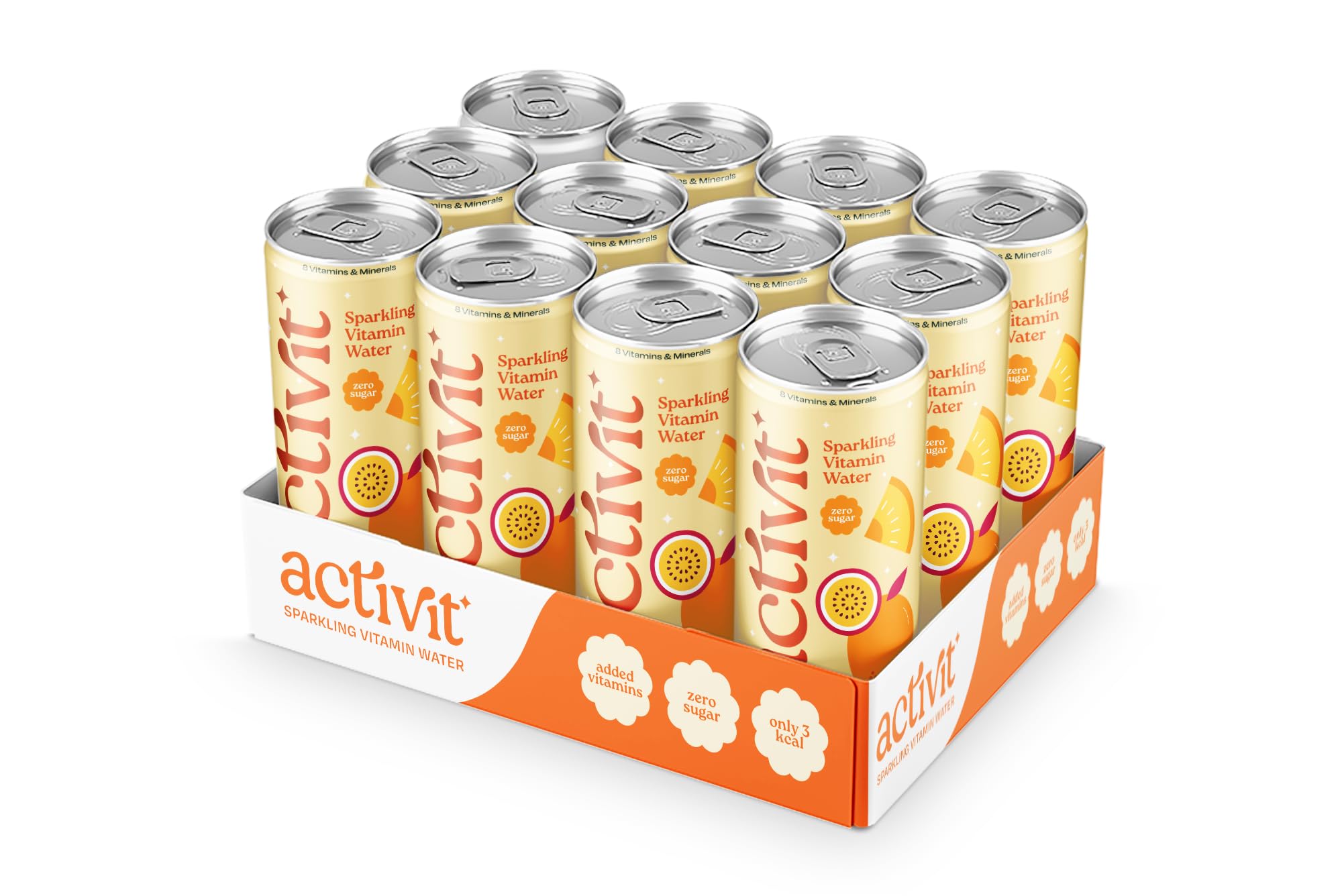 Activit Sparkling Flavoured Vitamin Water Mango, Pineapple & Passionfruit Cans with B Vitamins B5, B6, B9, B12, Vitamin C, Vitamin D, Zinc & Magnesium Zero Sugar 12x 330ml
