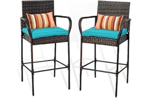 Sundale Outdoor 2 Pieces Patio Bar Stools with Back Rest Pillow, All-Weather Wicker Barstools Rattan Chairs, Counter Height Tall Chair with Arms, Turquoise Cushion, Patio Furniture - Steel, Brown