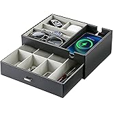 ProCase 2 Layers Valet Tray Gift for Men, Nightstand Organizer EDC Dump Catchall Trays with Phone Charging Station, Dresser Top Table Beside Entryway Storage Box -Black