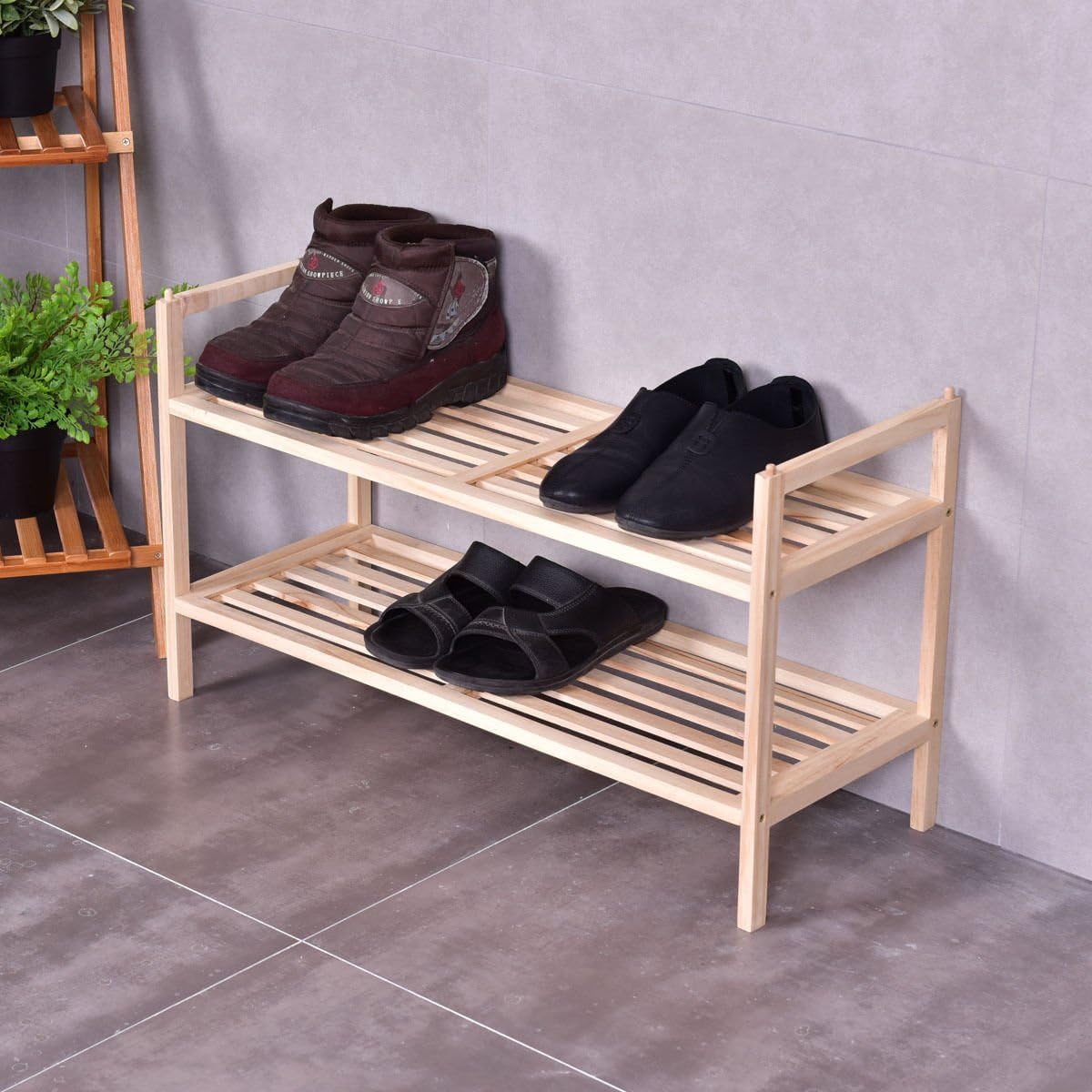 2 Tier Solid Wood Shoe Rack Shelf Storage