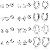 Wgoud 12 Pairs Hypoallergenic Surgical Steel Earrings for Sensitive Ears Waterproof Trendy Gold Plated Small Stud Flat Back Stainless Steel Earrings for Women Men Hoop Cartilage Earring Set for Multiple Piercing