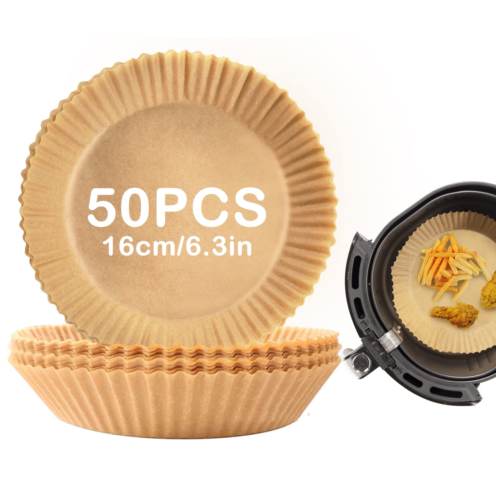 Air Fryers Paper Liner, Air Fryer Silicone Oil Paper, Uten 50PCS Round Greaseproof Paper for Air Fryers, 6.3inch/16cm, Brownish Yellow (A-1800)
