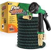 Flexi Hose with 8 Function Nozzle, 50FT - Lightweight Expandable Garden Hose, No-Kink Flexibility, 3/4 Inch Solid Brass Fittings and Double Latex Core - Black and Green
