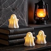 Ceramic Ghost Decor, Light Up Ghost Figurines for Halloween Decorations | 3Pcs Small Ghosts Light with Timer for Cute Table Mantle, Spooky Indoor Home Halloween Party Centerpiece, Batteries Included