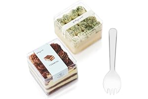 GENERIC Plastic Square Dessert Cups Boxes with Lids and Sporks,packaging for baked,Cookie Tiramisu Containers for Fruit,Pudding,Mousse,Parfait Cups With Lids(20, 12oz 3.3 * 3.3 * 2.5in boxes+Sporks+Stickers)