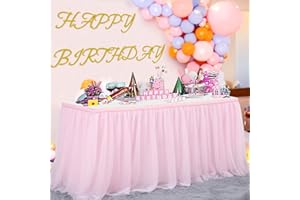 NSSONBEN 108inch Pink Tulle Table Skirt for 4/6/8ft Rectangle Round Tables, 2-Layer Ruffle Princess Pink Tulle Tutu ClothTable Skirts for Birthday Party Baby Shower Cake Dessert Tables(No Table Cover)