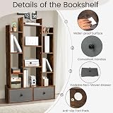 COSTWAY 12-Tier Tree Bookshelf Rustic Brown Wooden Bookcase with Folding Drawer view 5