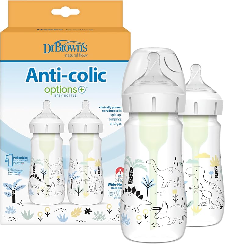 Natural Flow® Anti-Colic Options+™ Weithals-Babyflasche, Designer-Edition-Flaschen, Dino Decos, 270 ml, Level 1 Nippel, 2er-Pack, ab 0 Monaten