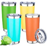 20oz Tumbler with Lid Double Wall Vacuum Insulated Travel Coffee Mug Stainless Steel Thermal Cup Powder Coated Sturdy Coffee Tumbler Bulk for Hot and Cold Beverages (Green-Teal-Orange-Yellow,4)