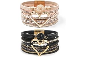 GZJINYUAN 2Pcs Leather Wrap Bracelets for Women, Multi-Layer Leather Bracelets with Strong Clasp, Stack Boho Leather Bracelets for Women