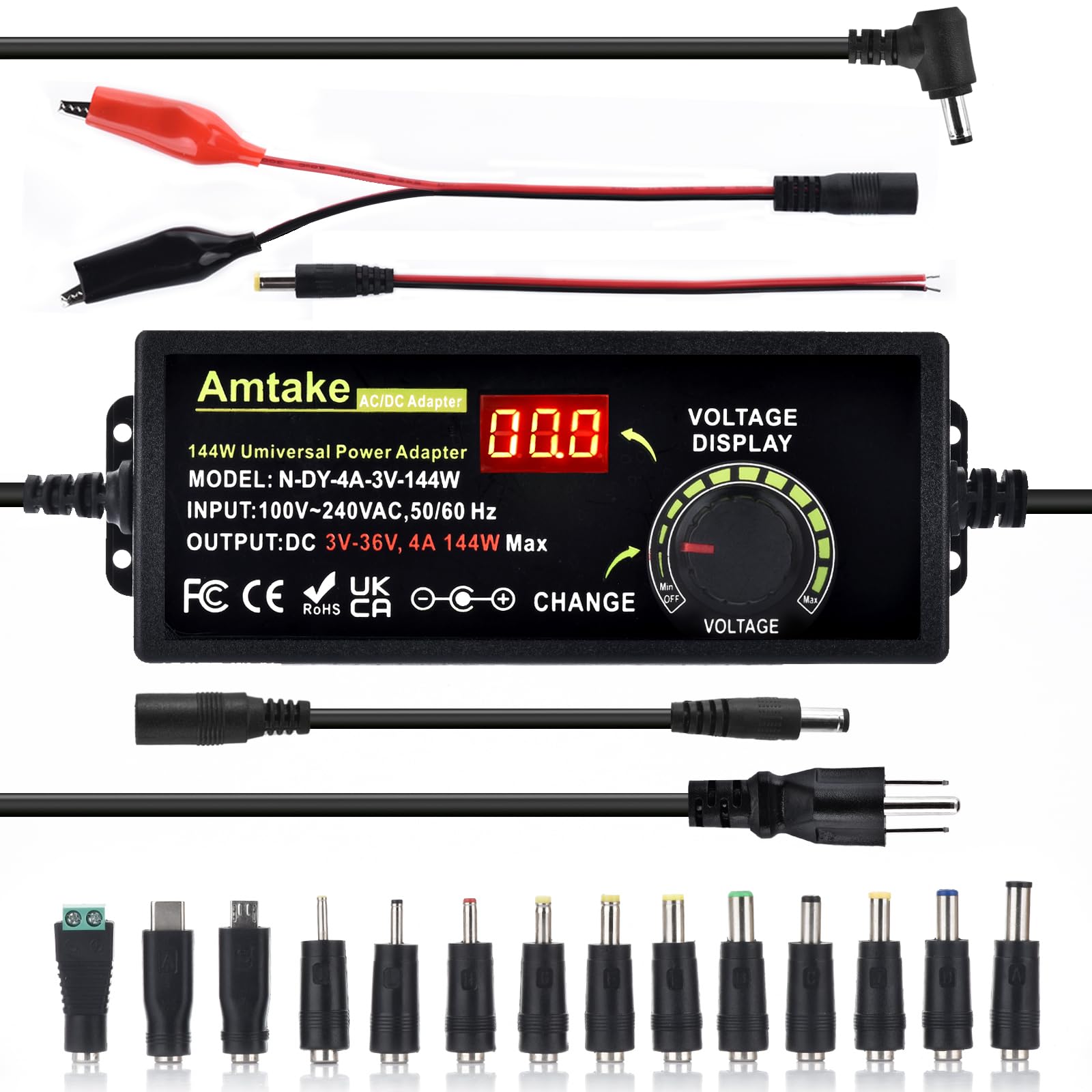 Photo 1 of Adjustable Universal Power Supply Adapter 4A 144W Adjustable Variable Switching 3V~36V 3V 5V 12V 24V 30V 36V AC/DC Adapter, AC to DC Converter with 14 Tips, Polarity Converter and Test Lead