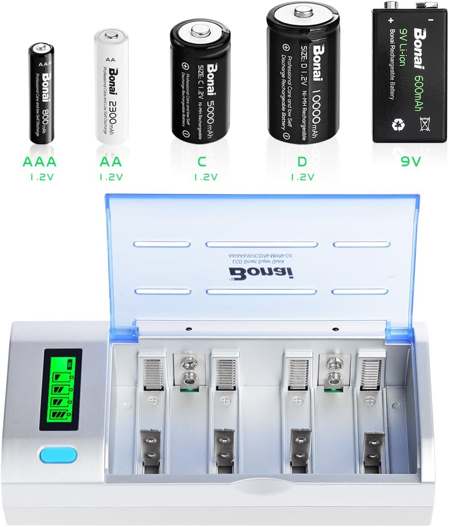 BONAI LCD Universal Battery Charger for AA, AAA, C, D, 9V Ni-MH Ni-CD Rechargeable Batteries with Discharge Function: Home Audio & Theater