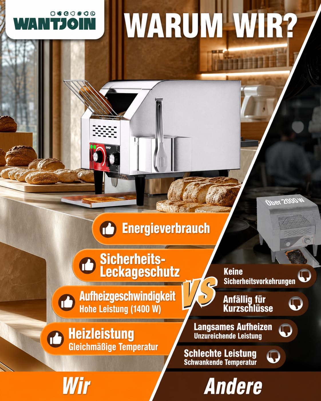 WantJoin Gewerblicher Durchlauftoaster – Elektrisches Gerät für 150 Scheiben/Stunde (Toast, Hamburger-Brötchen, Brot) Robuster Edelstahl-Toaster für Camping Restaurants, Bäckereien und Buffets 3