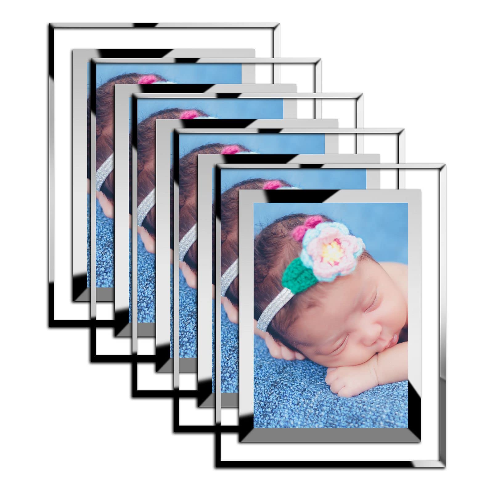 AHUNTTER 5 Pack 6x4 Inches Glass Photo Frames Mirrored Picture Frames Tabletop Display Portrait Landscape Frames Gifts - Silver