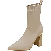 XHOGNLS Women'S Chunky High Heel Knitted Ankle Boots Sexy Pointed Toe Slip On Stretch Socks Mid Calf Boots For Fall Winter Dress Dating Booties