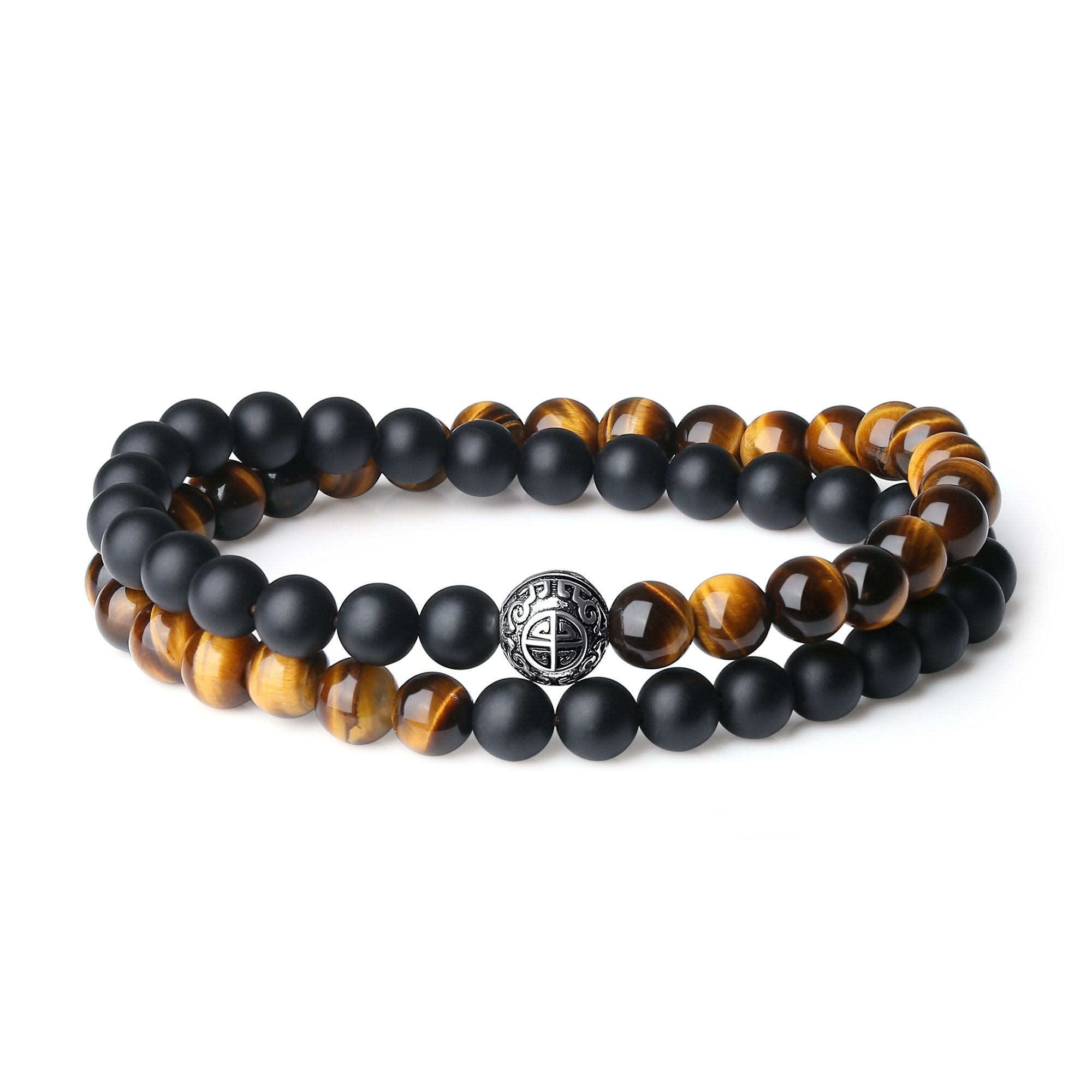 COAI Double Layer 925 Sterling Silver ‘Asia Blessing' Bead Onyx Tigers Eye Stone Bracelet