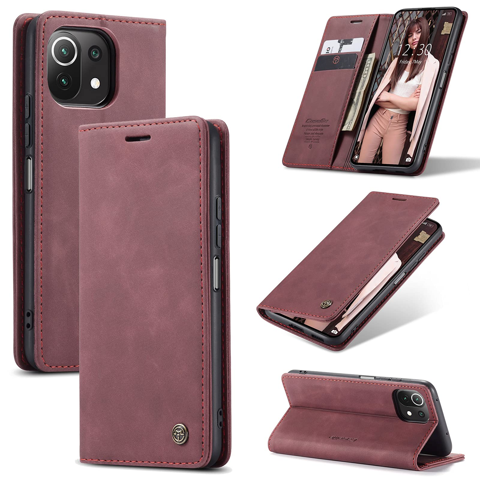 UFinetech Case for Xiaomi Mi 11 Lite, Leather TPU Cover for Xiaomi Mi 11 Lite 5G, Slim Soft Flip Magnetic Closure Kickstand Card Holder Wallet Shockproof Anti-scratch 2021 Camera Protector Shell, Red