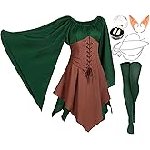 Jadive 5 Pcs Women Elf Renaissance Medieval Dress Traditional Irish Fairy Viking Costume Elf Ear for Halloween Cosplay