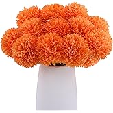 Rowfad 12 Pcs Artificial Chrysanthemums Fall Flowers Silk Orange Marigolds Flowers Fake Mums Flower for Autumn Dia de Los Muertos Diwali Day of The Dead Home Decor (12, Orange)
