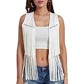 ensswliz Women Fringe Vest 70s Hippie Costume Sleeveless Rivets Tassel Open Front Faux Suede Waistcoat Western Vest