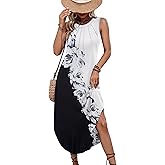 Zeagoo Womens Casual Floral Dress 2025 Flower Print Sundress Summer Beach Maxi Dress Loose Fit Sleeveless Dress, Black/White Print,XL