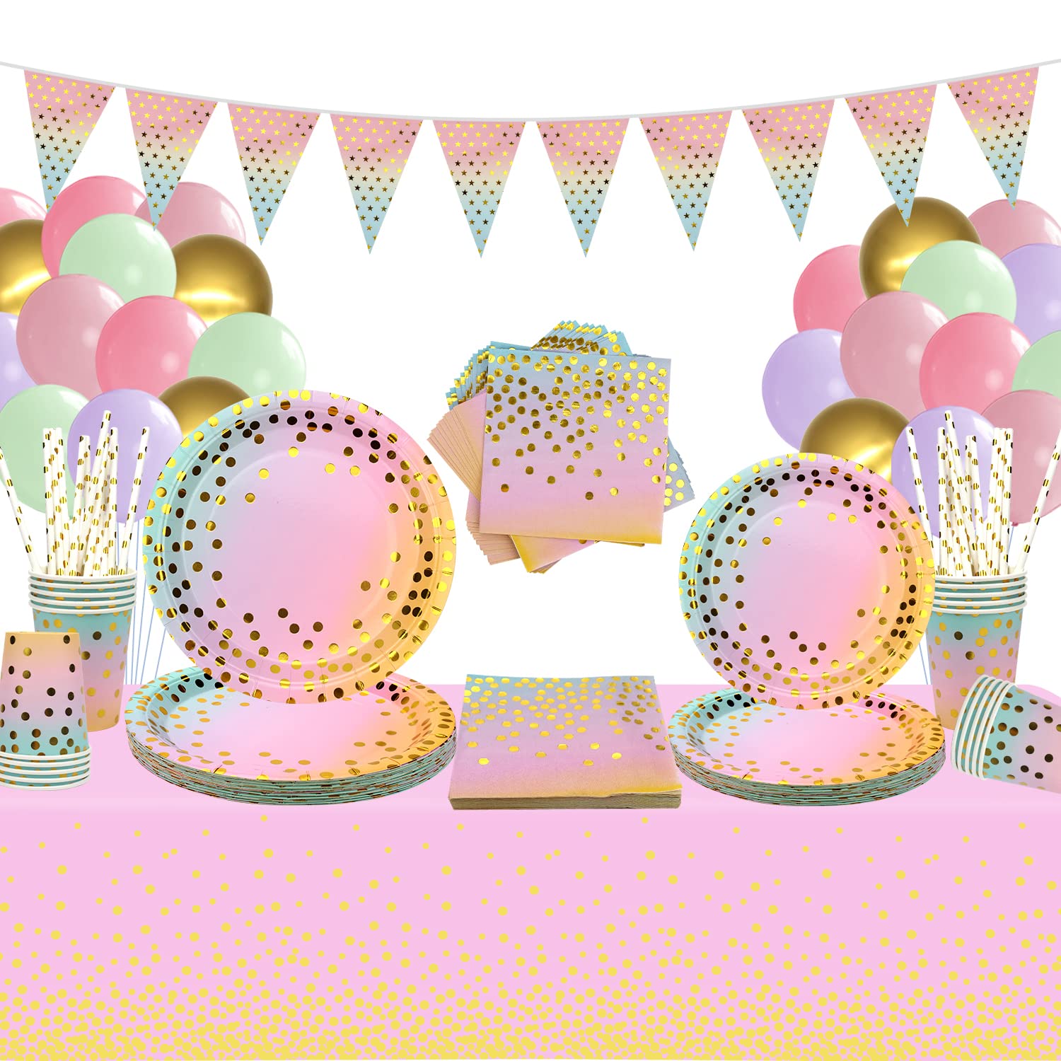 Ywediim Rainbow Colors Party Tableware - Pastel Party Decoration Tableware Includes Banner, Plates, Cups, Napkins, Straws, Tablecloth, for Wedding Shower Engagement Birthday (25 Guests) (Set A)