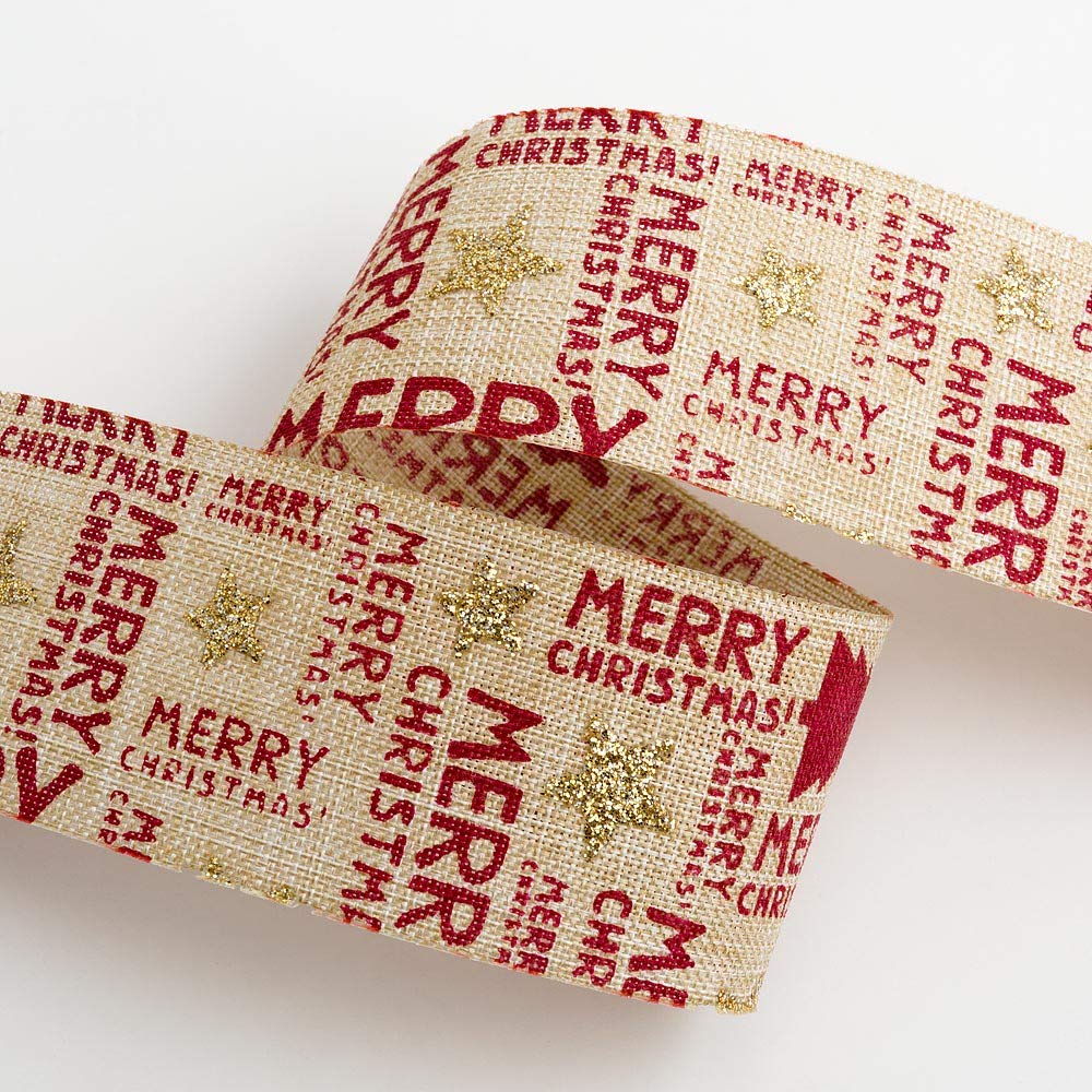 Italian Options Merry Christmas Natural Hessian Ribbon, Jute Christmas Ribbon for Crafts, Gift Wrapping Accessories, Wreath Making Supplies, Tree Decorations, Natural, 38 mm x 10 Metre Roll