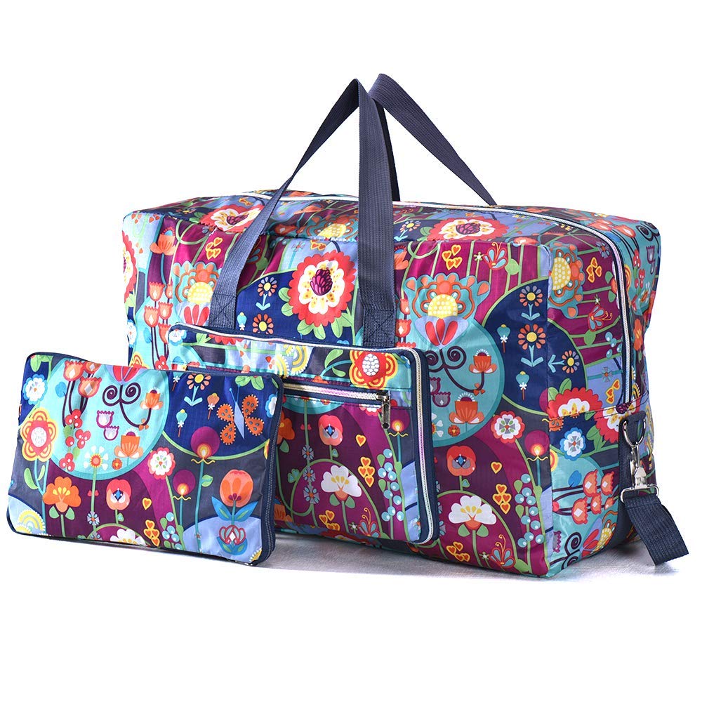 Arxus Large Foldable Duffel Tote Carry on Weekend Overnight Travel Bag Over Luggage with Shoulder Strap (Flowers)