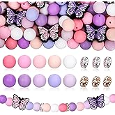 FYSUIMU 146Pcs Butterfly Silicone Focal Beads Pink Purple Round Loose Beads Glass Rhinestone Spacer Beads for DIY Making Bracelet Necklace Lanyard Pen Decor
