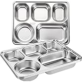Tebery 3 Pack Stainless Steel Rectangular Divided Plates Tray, 5 Sections Dinner Plates for Adults,Kids, Picky Eaters, Camper