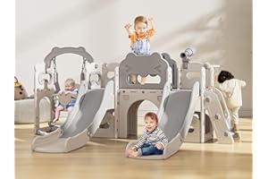 Lischwert Toddler Swing and Slide Set, 10 in 1 Toddler Indoor Playground, Slide for Toddlers, Outdoor Playset Backyard with Basketball Hoop, Tunnel and Storage Space, Kids Double Slide Age 1+