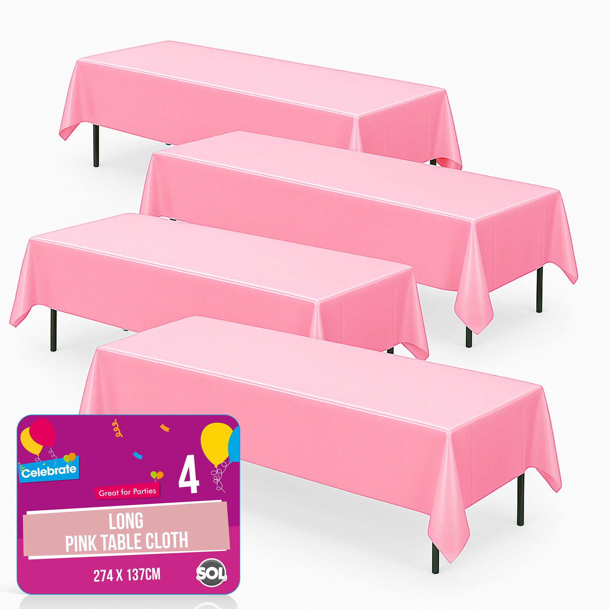 SOL 4pk Long Pink Table Cloth Party 274x137cm Plastic Cover Disposable Tablecloths for Parties - Heavy Duty Spill Protection - Opaque Design for Weddings, Buffets, Catering & Outdoor Events