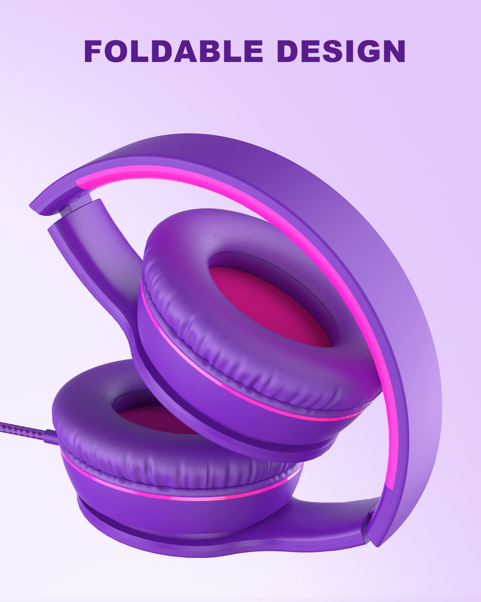 ELECDER i45 Headphones Wired, On-Ear Headphones with Microphone, Foldable Stereo Bass, 1.5M No-Tangle Cord, Portable 3.5MM Headset for School Kids Teens Smartphones Computer PC Tablet Travel, Purple