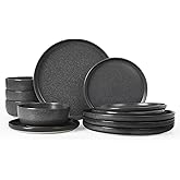 Famiware Milkyway Plates and Bowls Sets, 12 Pieces Dinnerware Sets, Reactive Glaze Dish Set, Stoneware Dishes Set for 4, Matte Dark Charcoal