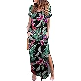 HUSKARY Women's Summer Maxi Dress Casual Loose Pockets Long Dress Short Sleeve Split Maxi Dresses