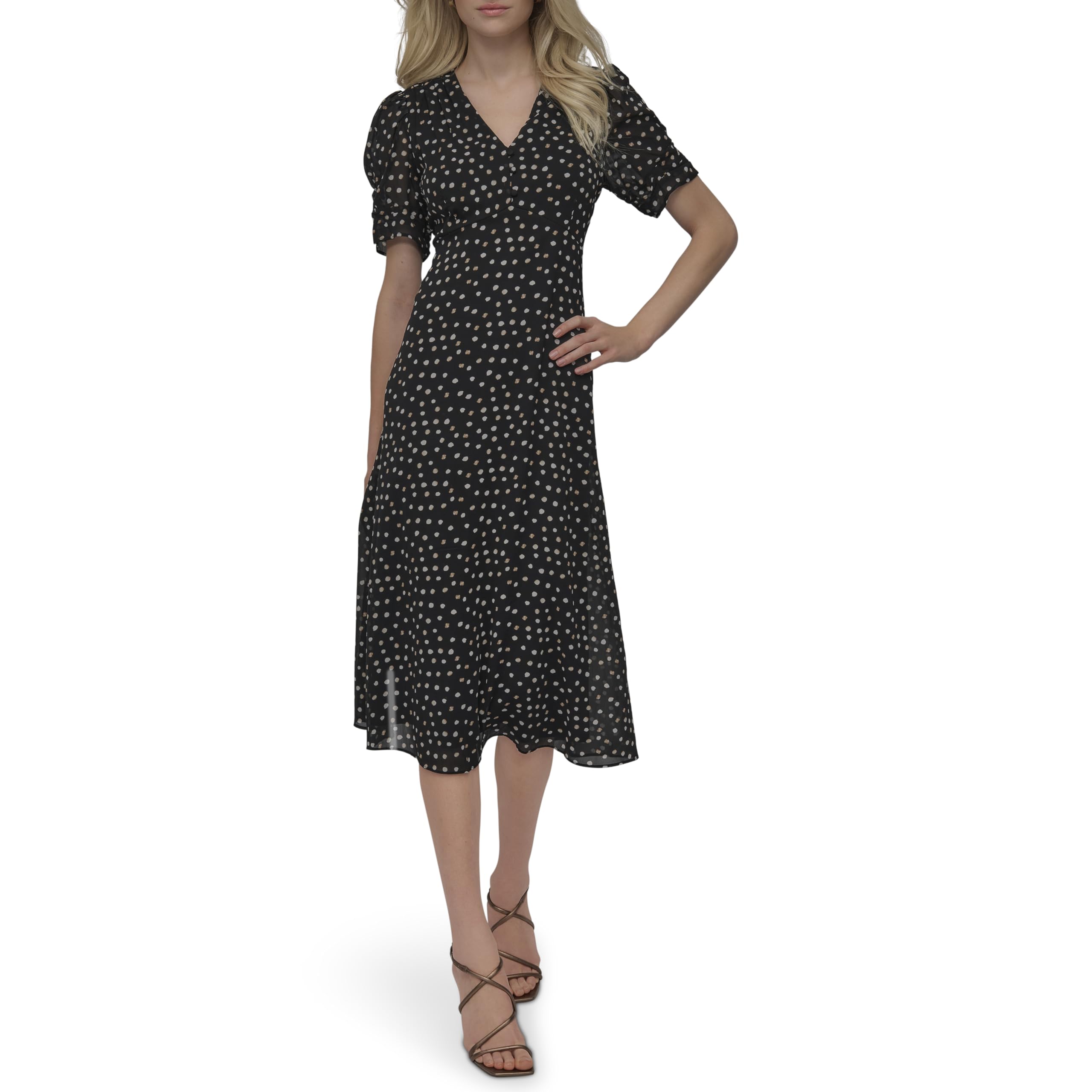 DKNY Women’s Short Sleeve Button Front Fit & Flare Midi Dress, Black Multi