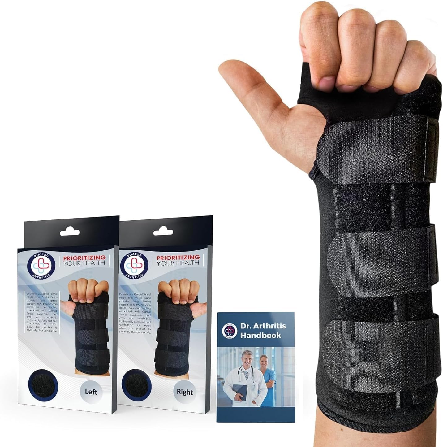 Doctor Developed wrist support right hand, wrist brace right hand with - & Doctor Handbook -, hand splints for carpal tunnel, wrist pain, arthritis (left hand)