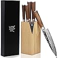 YOUSUNLONG Knife Block Sets 5pcs Kitchen Knives Set - Japanese Hammered Damascus Steel - Natural Fraxinus Americana Holder - Natural Walnut Wooden Handle with Gift Box