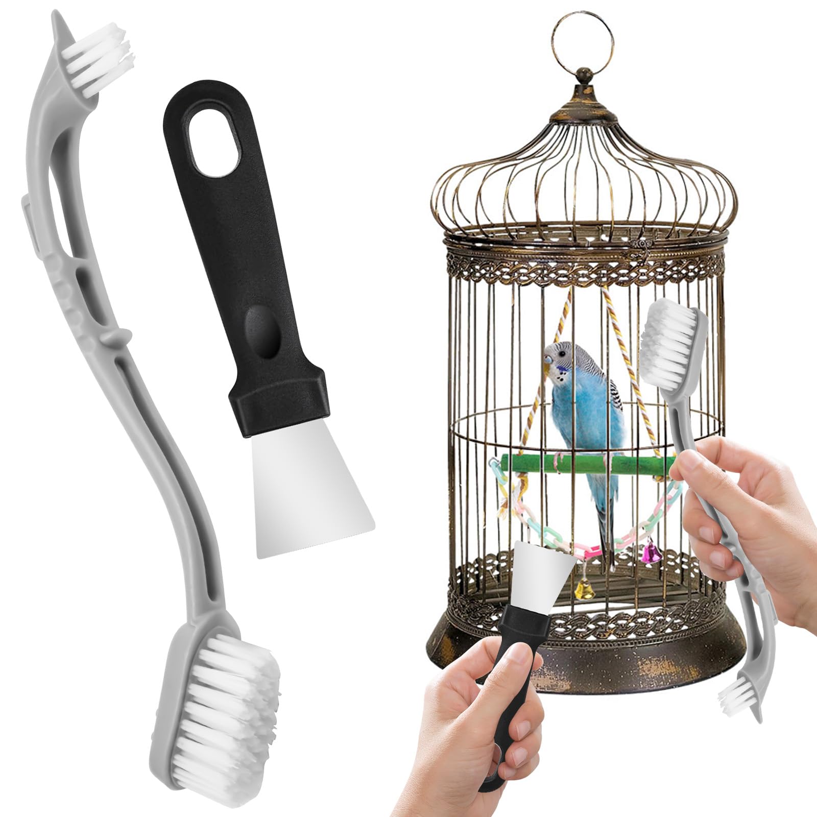 Bird Cage Cleaner with Front and Back Brushes, Cleaning Scraper Long Handle Tool Bird Poop Remover Stainless Steel Tools, Bird Stuff Cleaning Tools Small Animal Cage Cleaner, Bird Cage Accessory