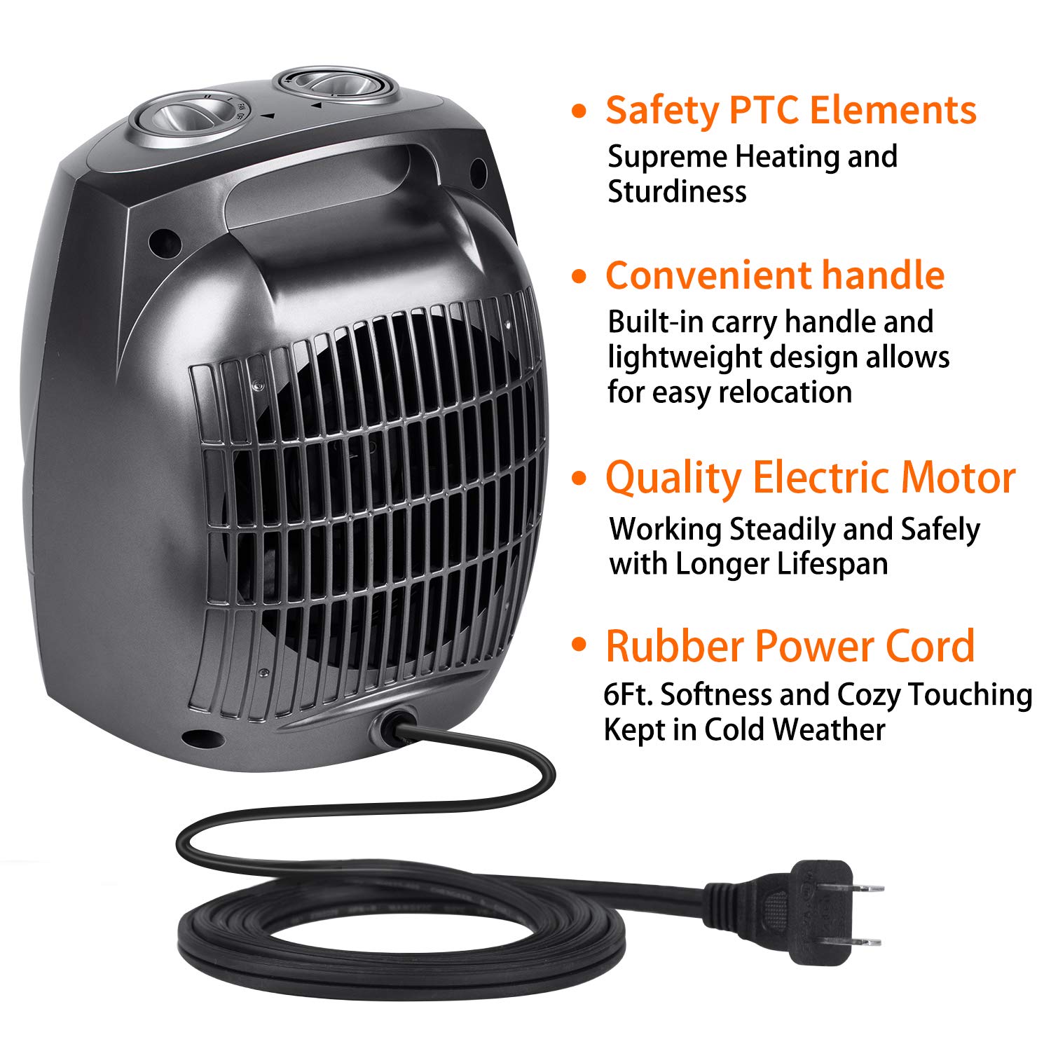 Ceramic Space Heater, 750W/1500W Portable Electric Heater with Adjustable Thermostat, Normal Fan and Safety Tip Over Switch