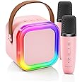 Kinglucky TOP Karaoke Machine for Kids (with Fun Voice Effects & LED Lights) Most Popular Birthday Easter Gifts for 3-12+ Years Old Girls Boys, Mini Karaoke Machine with 2 Wireless Microphones Pink