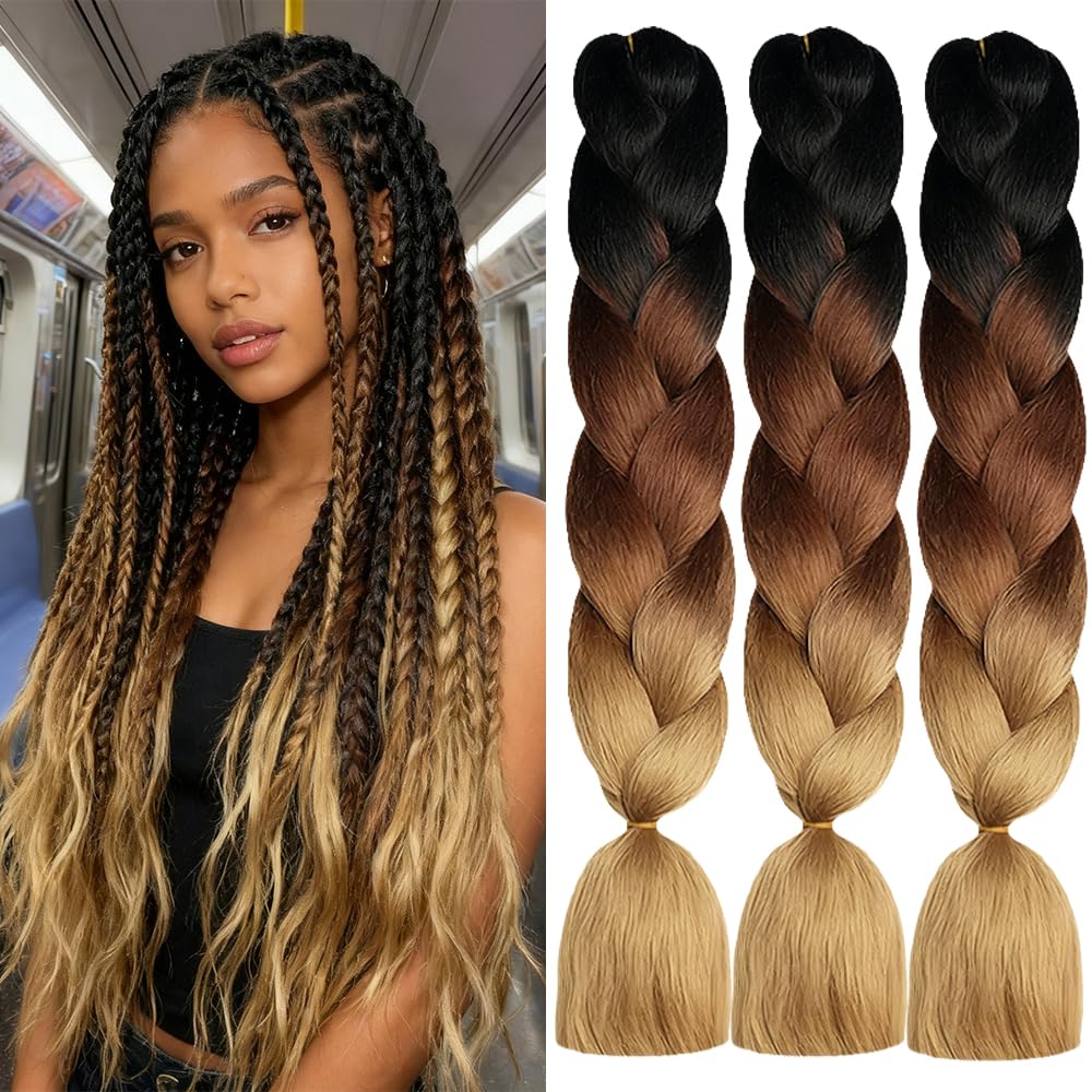 Kanekalon Hair Braid Highlights, Addition Highlights for African Braids, ShowJarlly 24 Inch Ombre Jumbo Braids Braid 3 Pack Synthetic Fibre Hair Extension (Black/Dark Brown/Light Brown#) — image 1