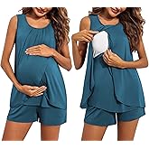 Ekouaer Women Maternity Nursing Pajama Set Breastfeeding Sleepwear Double Layer Sleeveless Top & Shorts Pregnancy PJS