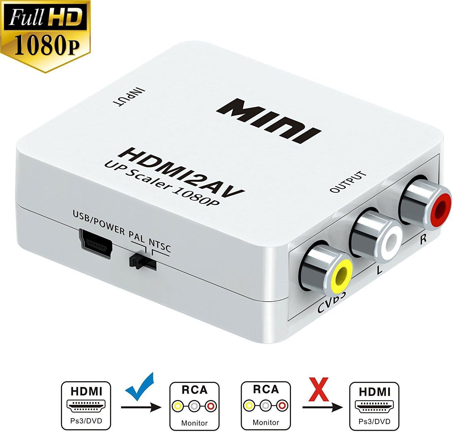 Frackson 1080P Hdmi to Av 3Rca Cvbs Converter Adapter Supporting Pal/Ntsc with USB Charge Cable for Pc/Laptop/Xbox/Ps4/Ps3/Tv/STB/Vhs/Vcr/Camera/Dvd