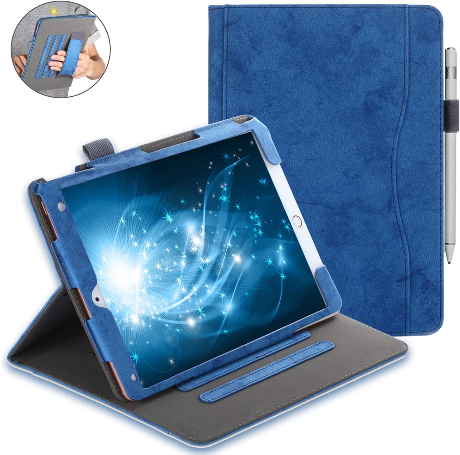 Wineecy Case for iPad 10.2 2020/2019 (7th / 8th Generation), Premium Leather Stand Folio Cover Case with Pocket, Multi-angle, Hand Strap, Auto Wake/Sleep Function for iPad 10.2" 2020/2019 (Blue)