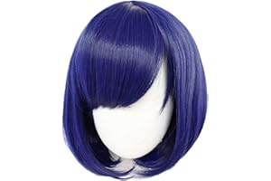 Anogol Hair Cap +Blue Cosplay Wig With Bangs Short Natural Wavy Bob Wigs For Girls Blue Wigs For Japanese Anime Halloween Party Costume