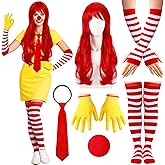 Maiteenly 6 Pcs Halloween Fast Food Clown Costumes Accessories Includes Wig Gloves Red White Striped Stockings and Arm Sleeves Sponge Nose Adjustable Necktie Red Yellow Clown Outfits for Women Cosplay