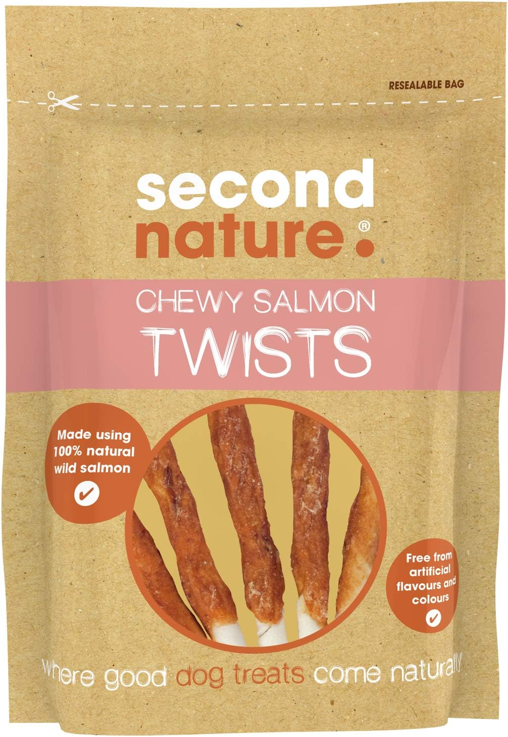 Second Nature Rawhide Dog Treats Chewy Salmon Twists 85g (Pack of 12), 85 g (Pack of 12)
