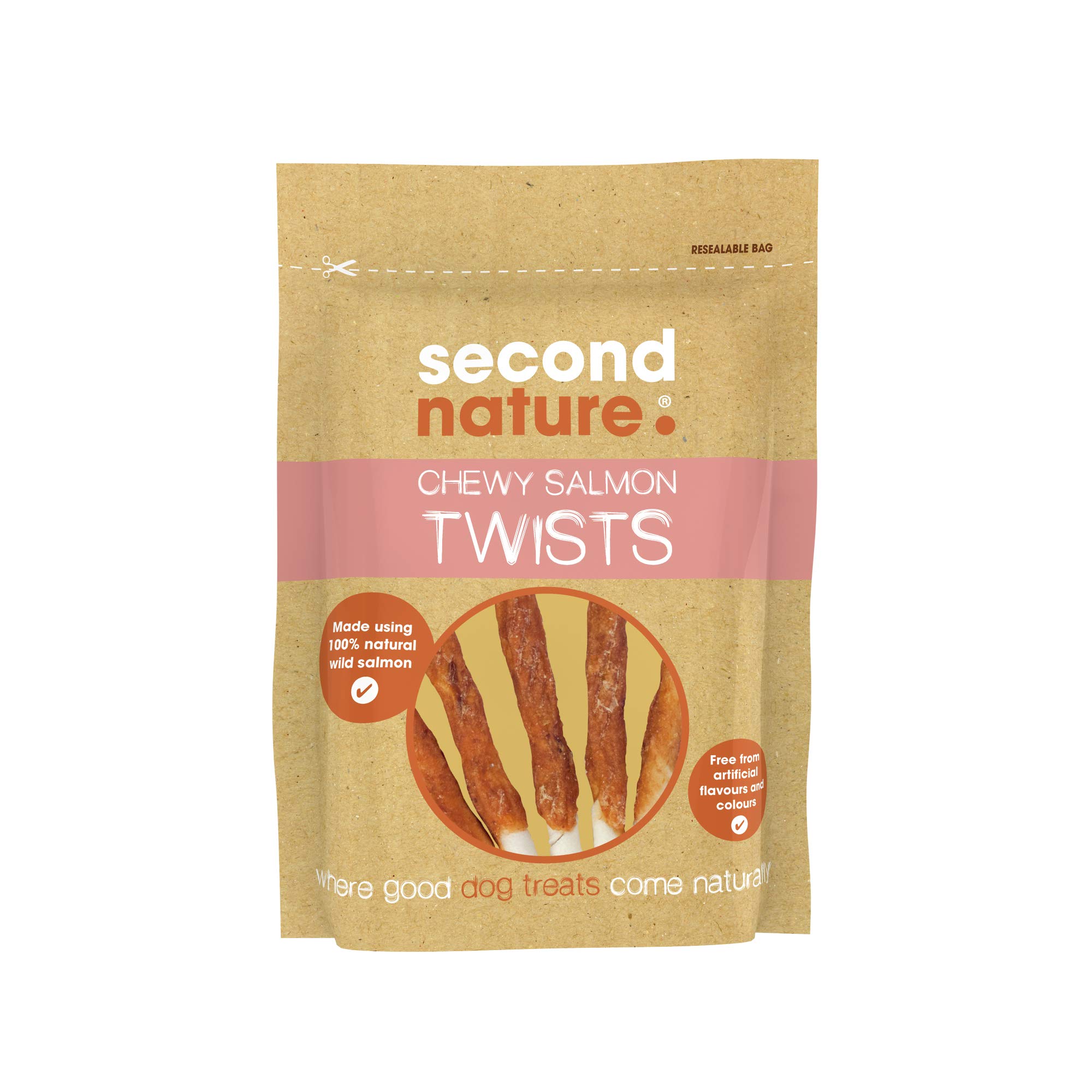 Second Nature Rawhide Dog Treats Chewy Salmon Twists 85g (Pack of 12)