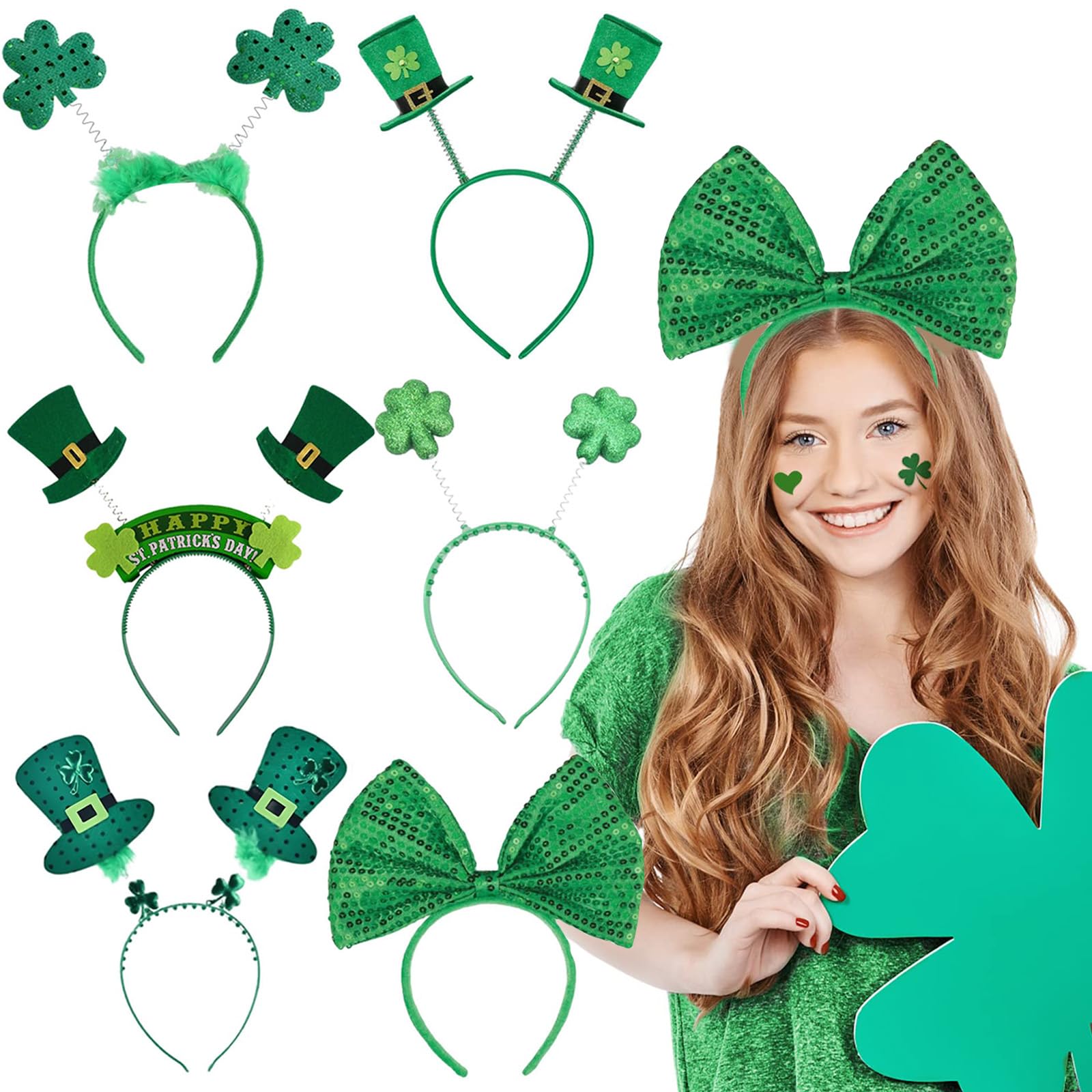 BFSYRR St Patricks Day Headband,St Patricks Day Accessories,6Pcs Hair Accessories Green Clover Hair Hoops,Leprechaun Irish Costume Accessories for 14+ Years Old